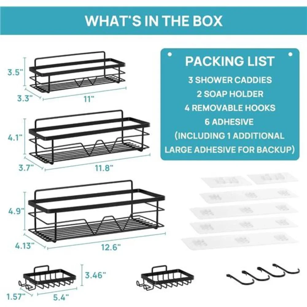 5 Pack Shower Caddy Shelves Organizer with 4 Hooks, Self Adhesive Rack Storage